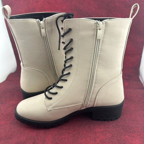 SHELN COMBAT BOOTS LUG SOLE IVORY, MID-CALF, LACE-UP, ZIPPER, BLOCK HEEL, SIZE 9 - Picture 4 of 10